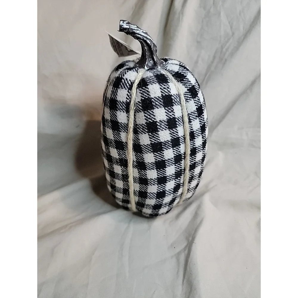 Stuffed Fabric Tall Pumpkin‎ Black & White Small Gingham Print 8.5